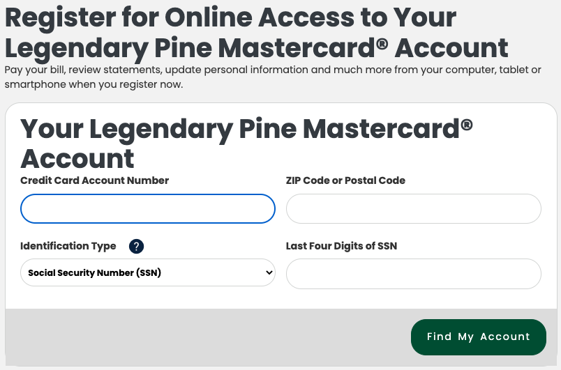 Legendary Pine Mastercard login create 