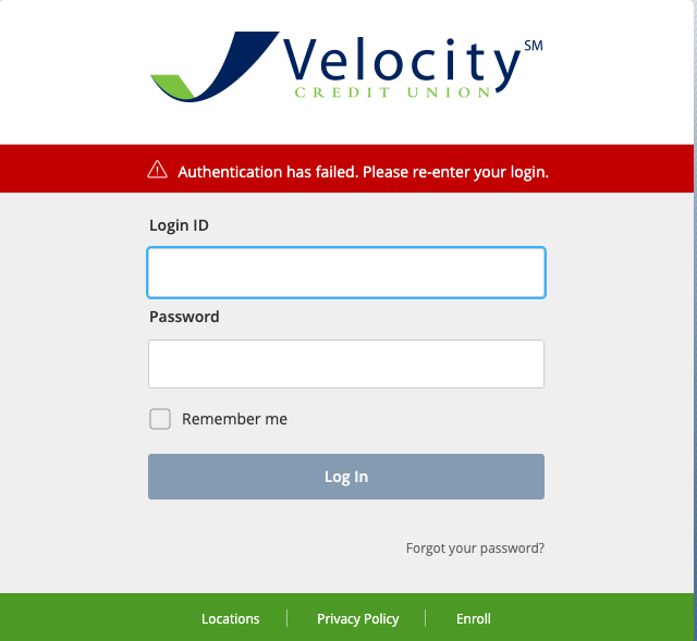 Velocity Credit Union login page