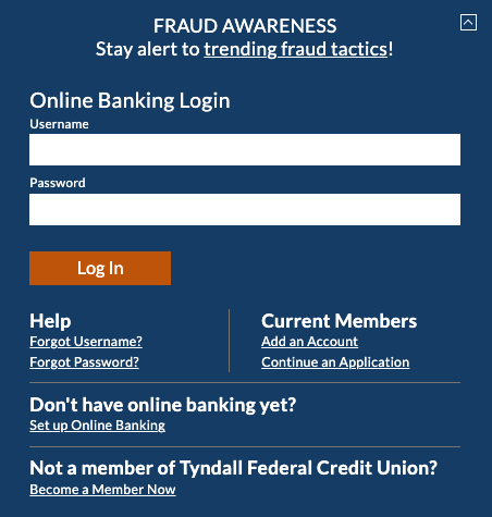 Tyndall Federal Credit Union login page 