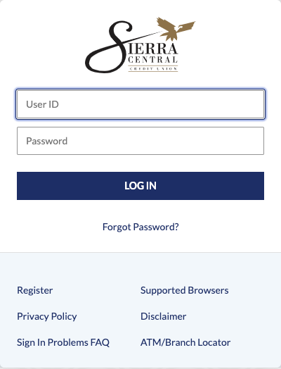 Sierra Central Credit Union login page