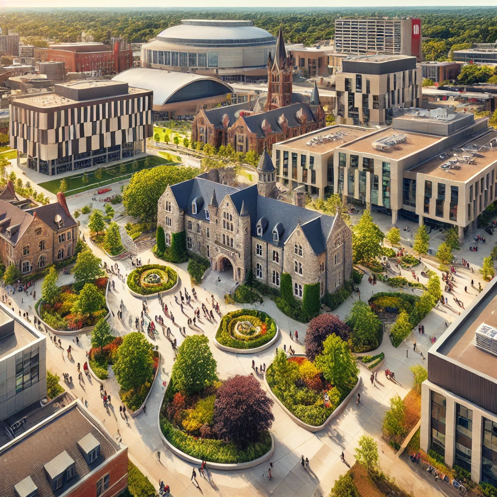 DALL·E 2024-12-16 08.05.24 – An aerial view of McMaster University campus in Hamilton, Ontario, featuring modern and historical buildings surrounded by greenery, with students wal